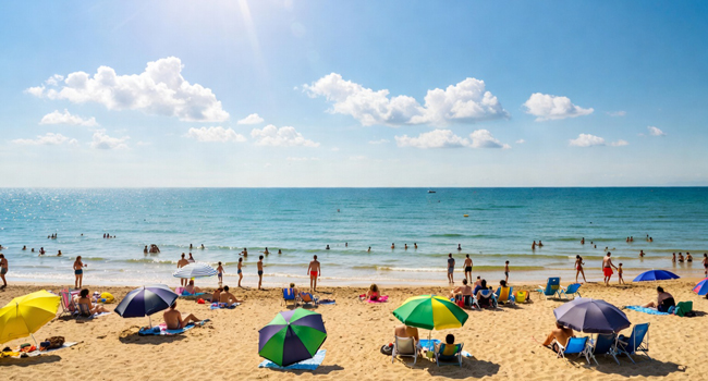 Viajes de idiomas en Inglaterra Bournemouth con LISA! – playa, mar y tiempo libre relajado Playa en Bournemouth Inglaterra con sombrillas y mar durante un viaje de idiomas con LISA! para adultos