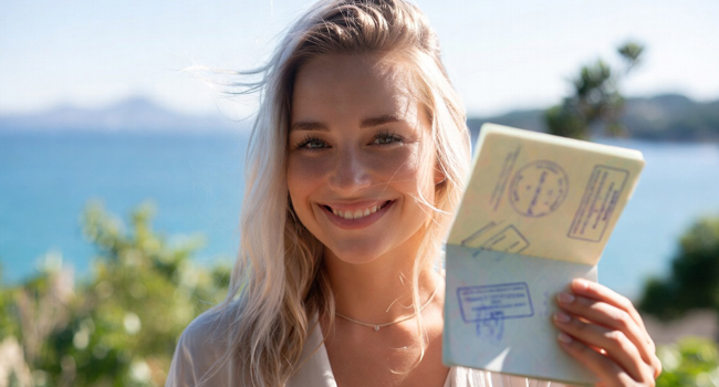 Visado para un viaje de idiomas con LISA! – mujer sosteniendo pasaporte con sello de visado Visado para un viaje de idiomas con LISA! – mujer sosteniendo pasaporte con sello de visado