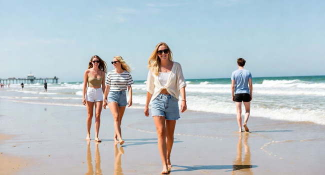 Viajes de idiomas en Inglaterra Bournemouth con LISA! – paseo por la playa, mar y ambiente relajado Jóvenes caminando por la playa en Bournemouth Inglaterra durante un viaje de idiomas con LISA! junto al mar