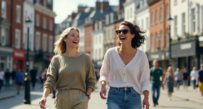 Viajes de idiomas para adultos en Inglaterra Brighton con LISA! – descubrir la ciudad y disfrutar del tiempo libre Dos participantes adultas caminando por la ciudad en Brighton durante un viaje de idiomas con LISA! en Inglaterra