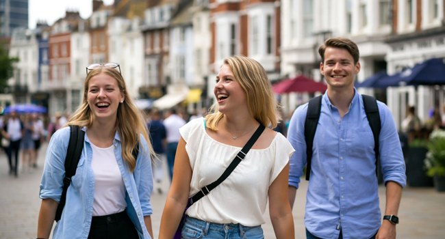  Participantes adultos paseando por la ciudad en Brighton durante un viaje de idiomas con LISA! en Inglaterra