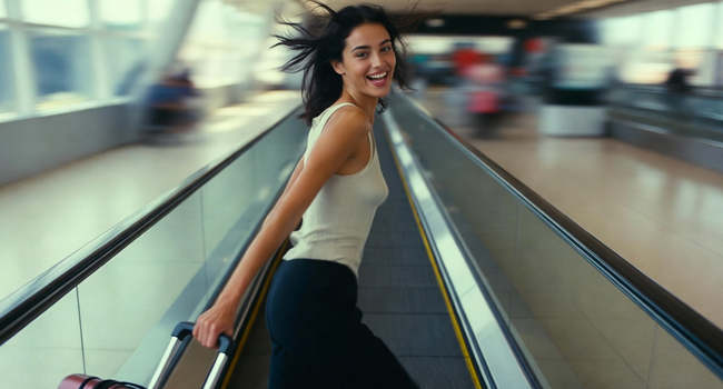  Participante femenina con maleta llegando al aeropuerto durante un viaje de idiomas con LISA! a Inglaterra Brighton