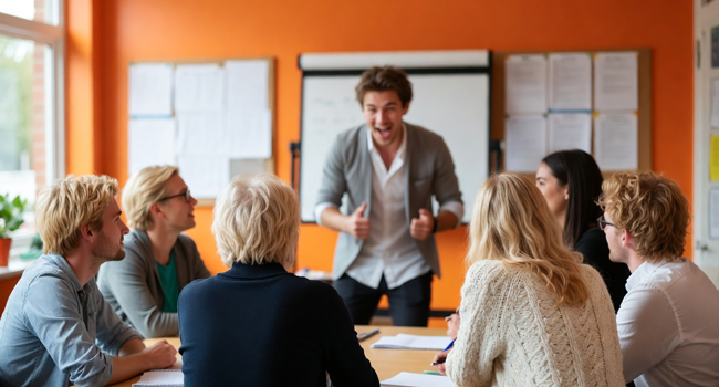 Participantes adultos en una clase de inglés durante un viaje de idiomas con LISA! en Inglaterra Brighton en el aula
