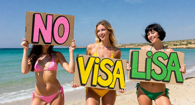 Tres estudiantes en la playa sostienen un cartel de “No Visa” durante un viaje de idiomas con LISA! en Malta