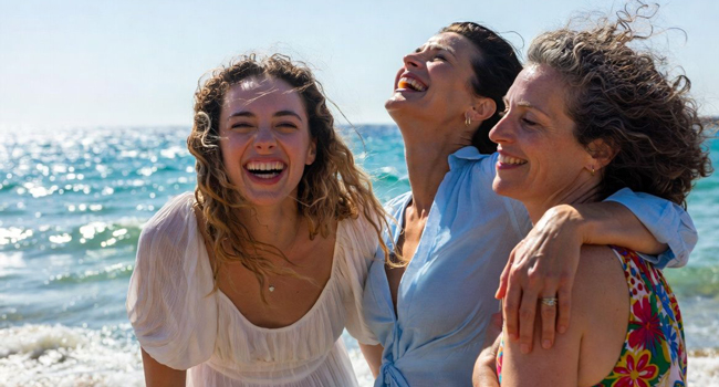 Adultos riendo juntos en la playa de Malta durante unas vacaciones educativas con LISA! disfrutando del sol, el mar y un ambiente internacional