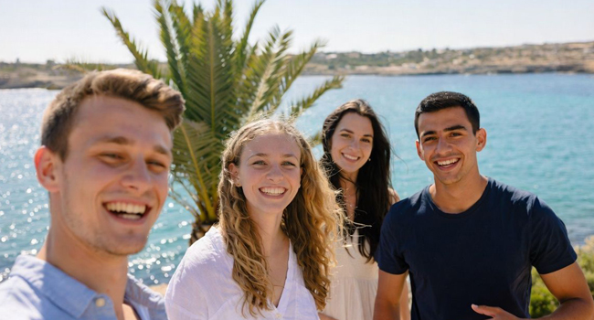 Title: Viajes de idiomas en Malta para adultos con LISA! – participantes internacionales junto al mar Participantes adultos junto al mar en Malta durante un viaje de idiomas con LISA! en grupo internacional