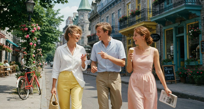 Vacaciones educativas Quebec Canadá con LISA! – aprender francés y descubrir Quebec de forma relajada Adultos paseando por Quebec durante unas vacaciones educativas con LISA! disfrutando de la ciudad, helado y ambiente internacional
