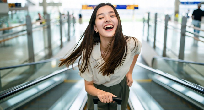 Vacaciones educativas Osaka Japón con LISA! – aprender japonés y viajar con tranquilidad Joven con maleta en el aeropuerto durante unas vacaciones educativas con LISA! emocionada por viajar a Osaka para aprender japonés