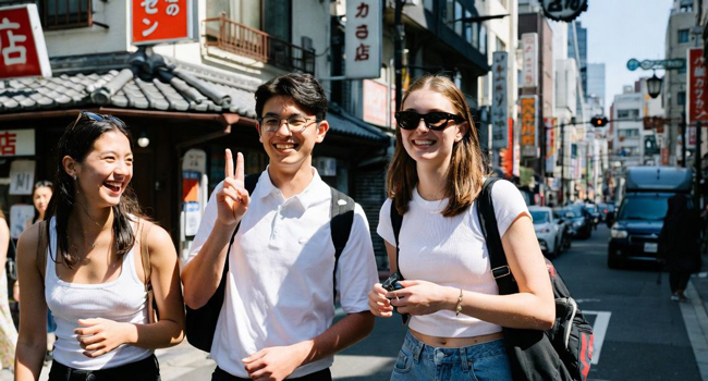Adultos explorando Tokio durante un viaje de idiomas con LISA! disfrutando de la vida urbana, compras y cultura japonesa