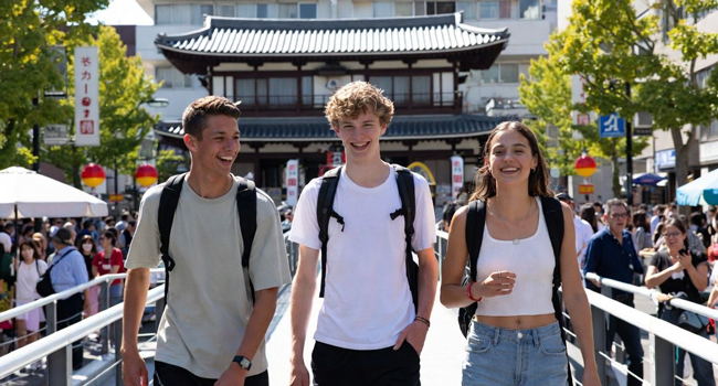 Adultos visitando un templo en Tokio durante un viaje de idiomas con LISA! descubriendo la cultura y los monumentos japoneses