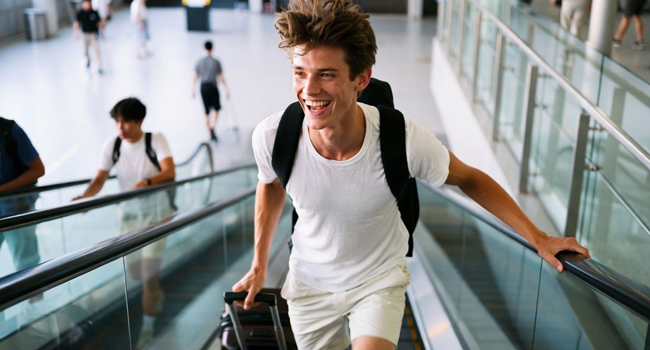 Hombre llegando a Seúl con maleta durante un viaje de idiomas con LISA! comenzando su aventura lingüística en Corea
