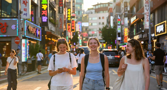 Jóvenes adultos explorando Seúl al atardecer durante un viaje de idiomas con LISA! disfrutando de la vida urbana y el tiempo libre