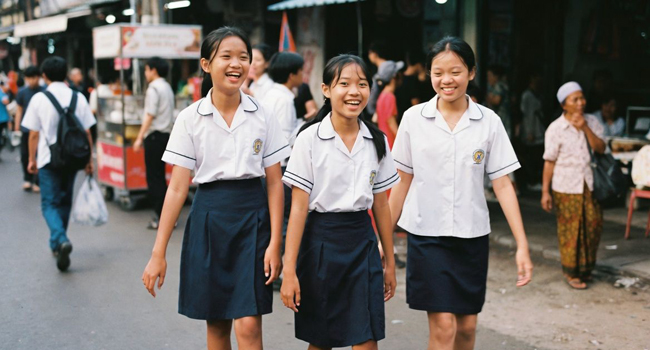 LISA! viajes de idiomas escena callejera Bangkok estudiantes de camino a casa LISA! viajes de idiomas escena callejera Bangkok tres estudiantes tailandesas de camino a casa