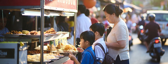 Viajes de idiomas en Tailandia Bangkok con LISA! – comida callejera, cultura y vida cotidiana Familia con niños en un puesto de comida callejera en Bangkok Tailandia durante un viaje de idiomas con LISA! disfrutando de la cocina local