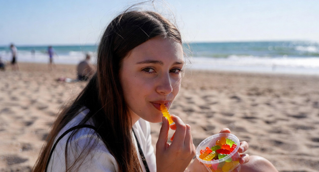 Estudiante en la playa en Bournemouth Inglaterra durante un viaje de idiomas con LISA! disfrutando dulces junto al mar