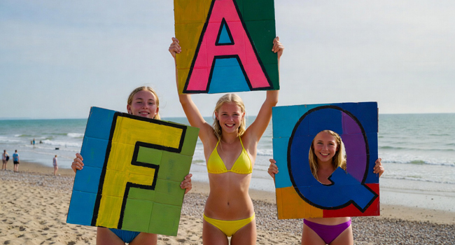 Preguntas frecuentes sobre viajes de idiomas para estudiantes en Inglaterra Brighton con LISA! – estudiantes con letras junto al mar Tres estudiantes en la playa de Brighton sostienen grandes letras FAQ durante un viaje de idiomas con LISA! para estudiantes en Inglaterra