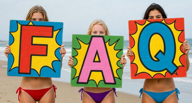 Preguntas frecuentes LISA! viajes de idiomas – respuestas a preguntas comunes Tres estudiantes en la playa en Eastbourne sostienen carteles FAQ durante un viaje de idiomas con LISA!