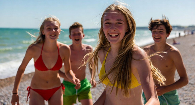 Estudiantes en la playa en Portsmouth durante un viaje de idiomas con LISA! divirtiéndose y emocionados por su viaje reservado