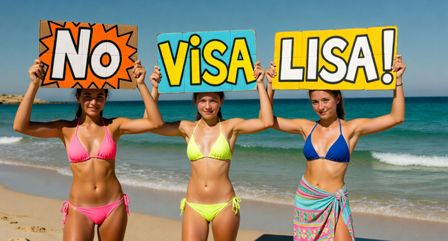  Tres estudiantes en la playa en Malta sostienen carteles de “No Visa LISA!” durante un viaje de idiomas con LISA! para estudiantes
