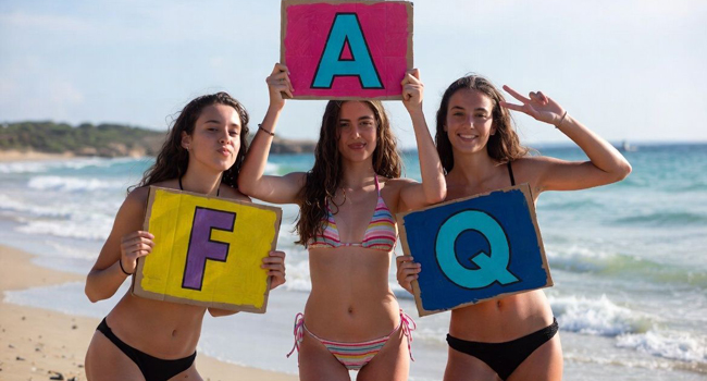 Tres estudiantes en la playa en Malta sostienen letras FAQ durante un viaje de idiomas con LISA! para estudiantes