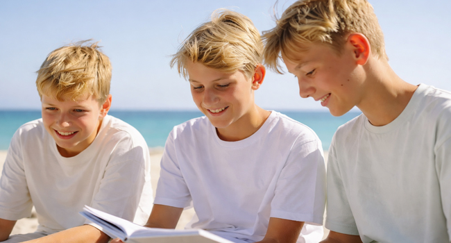 Tres estudiantes estudiando juntos junto al mar durante un viaje de idiomas con LISA! para estudiantes en Malta
