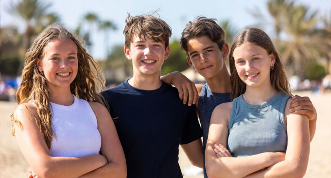 Cuatro adolescentes en amistad en la playa en un viaje de idiomas en Malta San Gwann