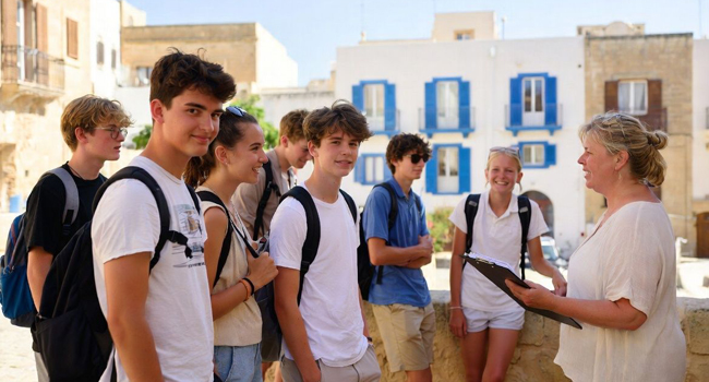 Viajes de idiomas para estudiantes en Malta con LISA! – supervisión y excursiones en grupo Grupo de estudiantes con monitora durante un viaje de idiomas con LISA! para estudiantes en Malta en una visita por la ciudad