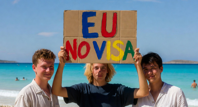 Viajes de idiomas de inglés en Malta para estudiantes sin visado para ciudadanos de la UE Tres estudiantes de un viaje de idiomas de inglés en Malta sostienen un cartel en la playa de Sliema sobre la entrada sin visado para ciudadanos de la UE