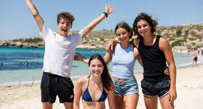 Cuatro adolescentes en un viaje de idiomas en la playa de la bahía de St. Julian’s Cuatro adolescentes en un viaje de idiomas en la playa de la bahía de St. Julian’s chico levanta los brazos