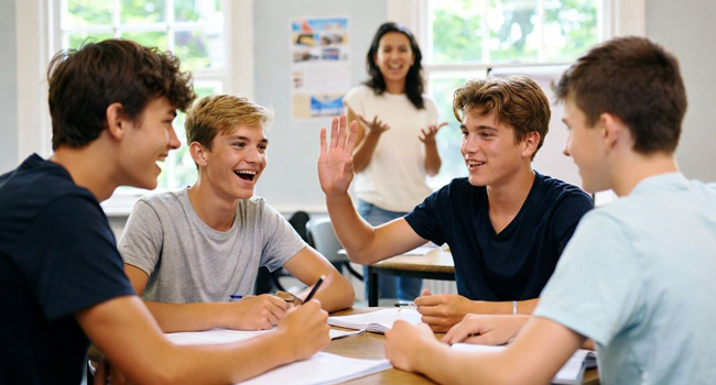 Estudiantes aprendiendo italiano en clase durante un curso de italiano de LISA! para jóvenes en Orbetello, Italia