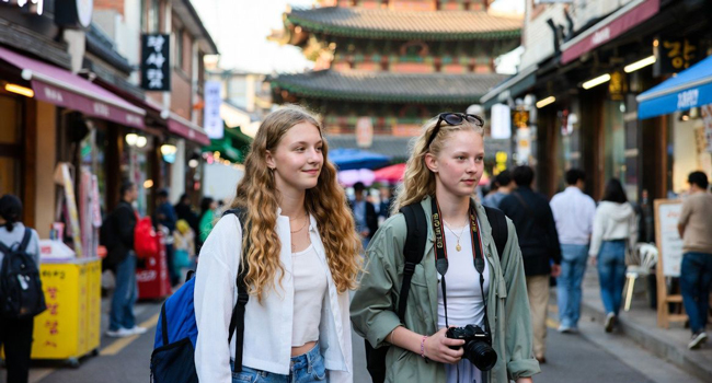 Jóvenes participantes explorando una ciudad asiática durante un viaje de idiomas con LISA! para jóvenes y adultos jóvenes