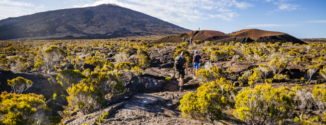 Wanderung am Vulkan Piton de la Fournaise auf La Réunion bei einer LISA! Sprachreise Mehrere Personen wandern durch die Lavalandschaft des Piton de la Fournaise auf La Réunion bei einer LISA! Sprachreise Französisch